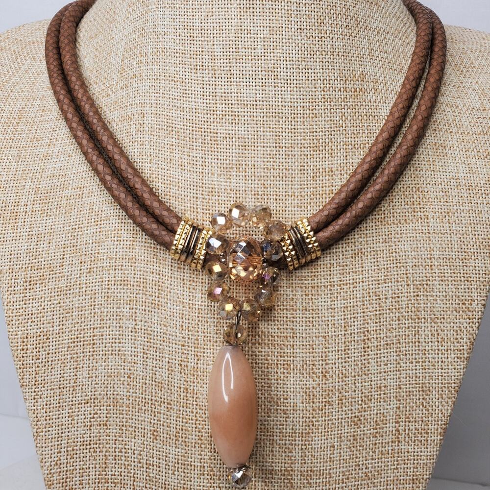 Vintage Necklace Moonstone w/ Glass Beads on Rope 19 Inch
